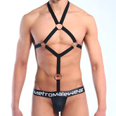 Black harness-style sling jock strap with silver metal rings adjustable straps and branded waistband by metromalewear