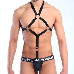 Black harness-style sling jock strap with silver metal rings adjustable straps and branded waistband by metromalewear