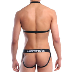 Black metriwear sling jock strap briefs with thin waistband and leg straps designed for male athletic wear