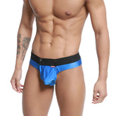 Blue metallic briefs with black elastic waistband and small red logo front by metromalewear snap thong royal 2212-18