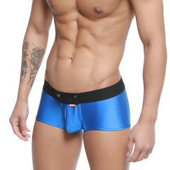 Blue metallic metro malewear snap trunk royal briefs with black elastic waistband and small red logo on front