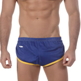 MetroMaleWear soccer split short royal mesh shorts with yellow trim and white logo on the left leg