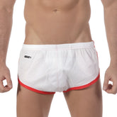 White mesh men’s briefs with red trim and black logo waistband metro male wear soccer split short 4705-00 front view