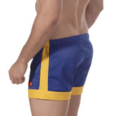 MetroMaleWear soccer swim short royal 4704-18 blue and yellow mesh athletic shorts with bold vertical side stripe