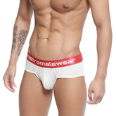 White briefs with a red elastic waistband featuring the metromalewear logo metro malewear soft brief 5106-02