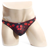 MetroMaleWear Spade Thong 2302-74 black and red geometric mesh fabric men’s briefs front view