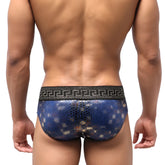 Metro malewear special edition aladdin swim brief 4916-SP4 blue snakeskin pattern with black greek key waistband
