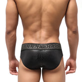 Black textured metroMalewear special edition anaconda swim brief with greek key pattern waistband