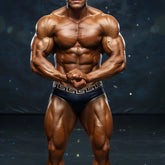 A muscular man wearing dark blue metroMaleWear special edition grid swim briefs with white geometric waistband pattern