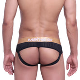 Black mesh briefs with gold metnwear logo waistband metro malewear speed jock strap black 2301-20 front view