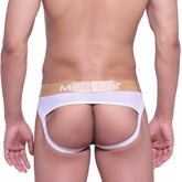 White mesh briefs with a tan waistband featuring the metwear logo from metromalewear speed jock strap 2301-00