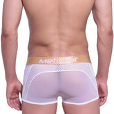 White mesh metro male wear speed mesh hip trunk briefs with gold metgear logo waistband in white color