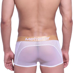 White mesh metro male wear speed mesh hip trunk briefs with gold metgear logo waistband in white color