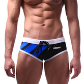 MetroMaleWear speed swim brief royal blue with blue and black stripes white trim and drawstring waistband for swimming