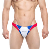 MetroMaleWear splash swim bikini blue 4989-18 red blue white color-blocked men’s briefs with silver arrow logo on front