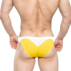 MetroMaleWear splash swim bikini yellow athletic briefs with bold heart-shaped design in yellow and white