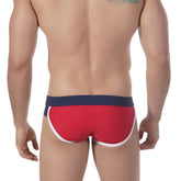 MetroMaleWear split swim brief red 4923-12 red swim trunks with navy blue waistband and white trim for swimming
