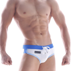 MetroMaleWear split swim brief white 4923-00 in white and blue with drawstring waistband for comfortable swimming