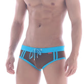Blue and brown mesh swim trunks with drawstring waistband from MetroMaleWear sports swim brief coffee 4924-23