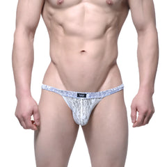 White lace thong bikini with blue patterned waistband and small black logo tag from MetroMaleWear Spy Glass collection