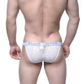 White lace thong with delicate floral pattern and light blue trim from MetroMaleWear Spy Glass Bikini ivory 3004-82