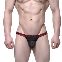 Black lace thong with a red and black patterned waistband featuring a small logo from MetroMaleWear Spy Glass 4002-80