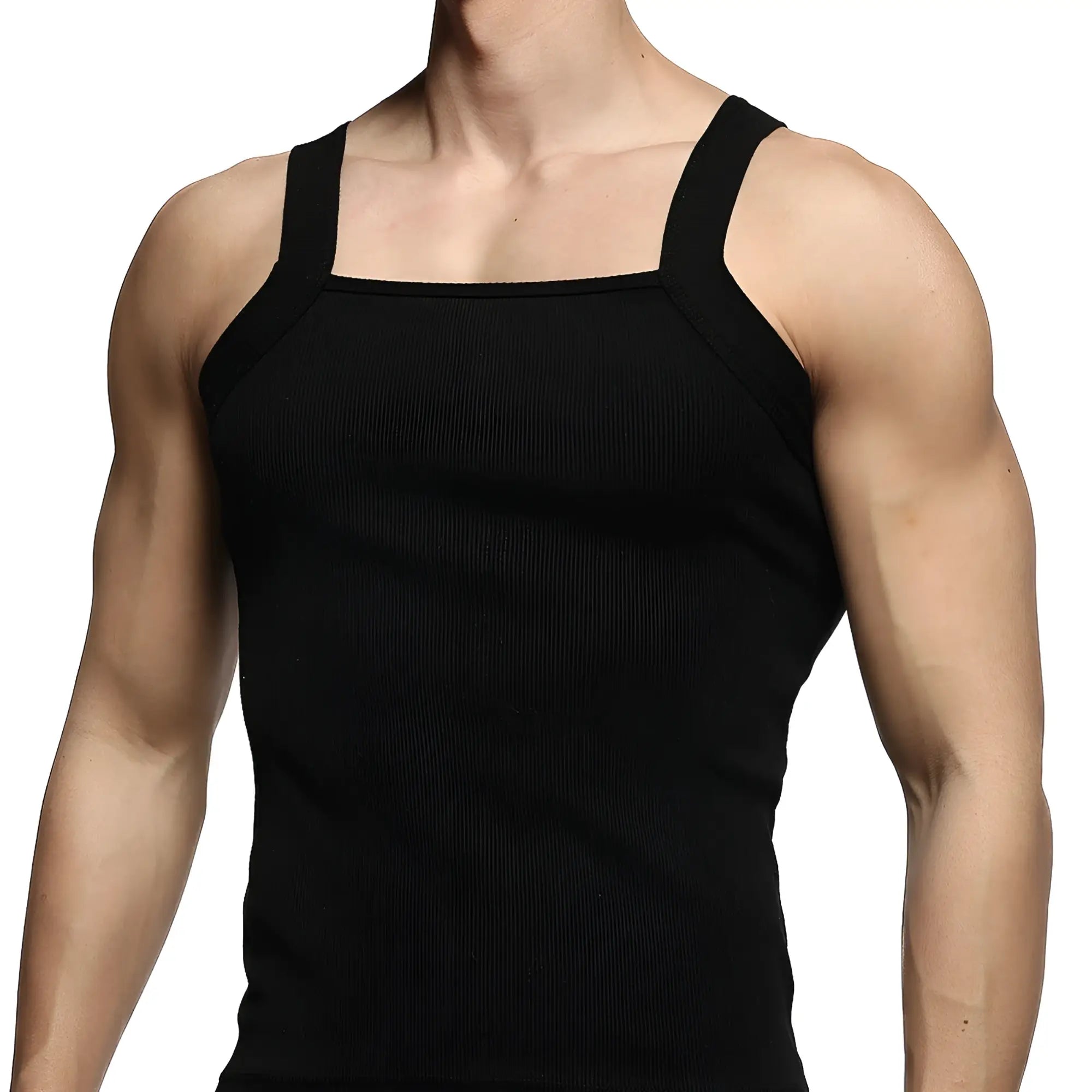 MetroMaleWear black ribbed tank top with square neckline and wide shoulder straps perfect for casual wear