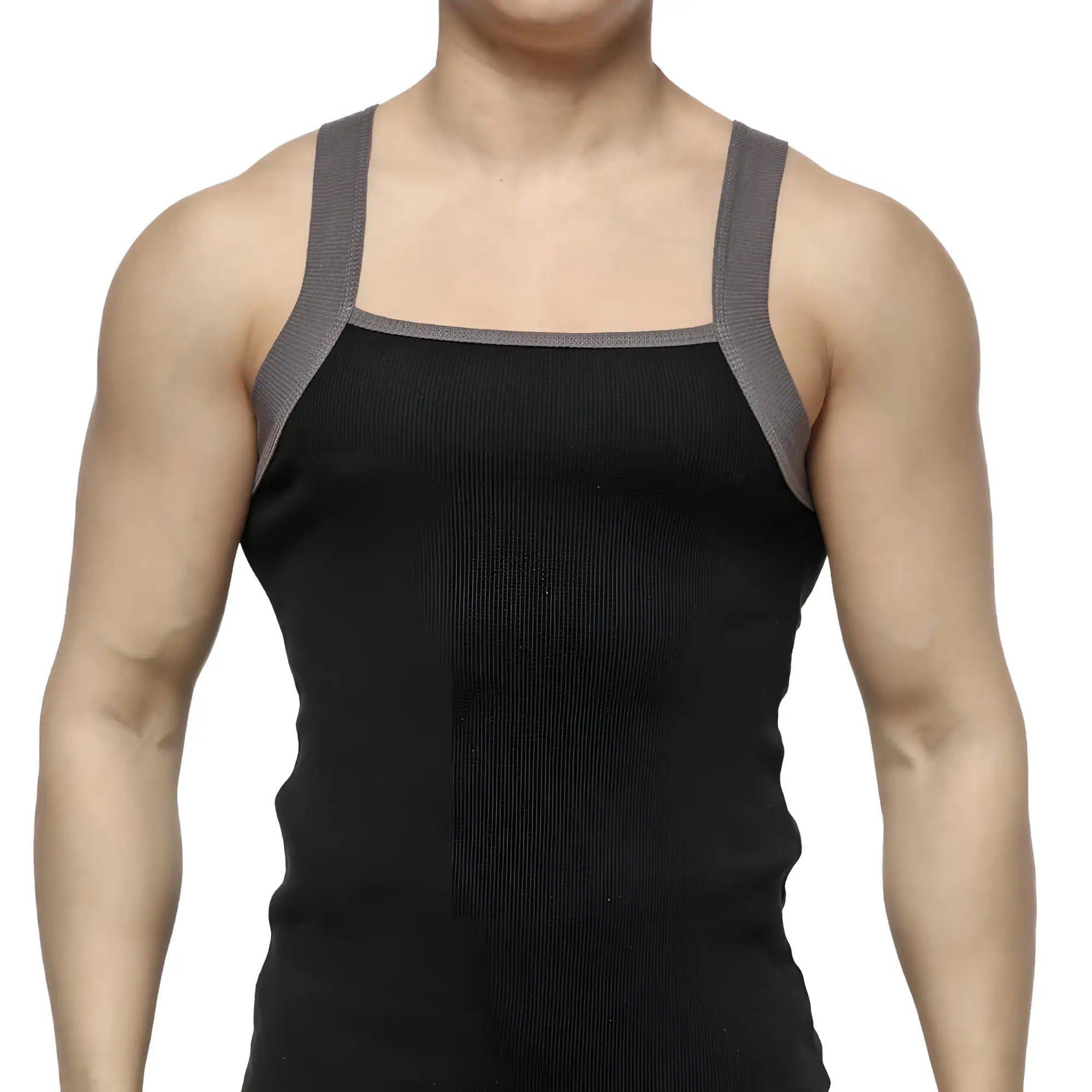 MetroMaleWear square cut tank top black ribbed fabric with gray reinforced shoulder straps for casual wear