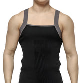 MetroMaleWear square cut tank top black ribbed fabric with gray reinforced shoulder straps for casual wear