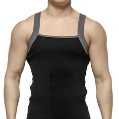 MetroMaleWear square cut tank top black ribbed fabric with gray reinforced shoulder straps for casual wear