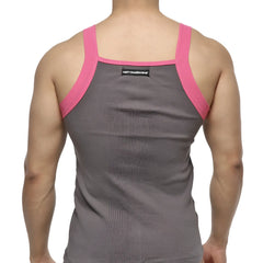 Gray ribbed square cut tank top with pink shoulder straps and black metromallwear tag on the back