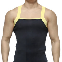 MetroMaleWear square cut tank top in navy ribbed fabric with contrasting yellow shoulder straps for casual wear