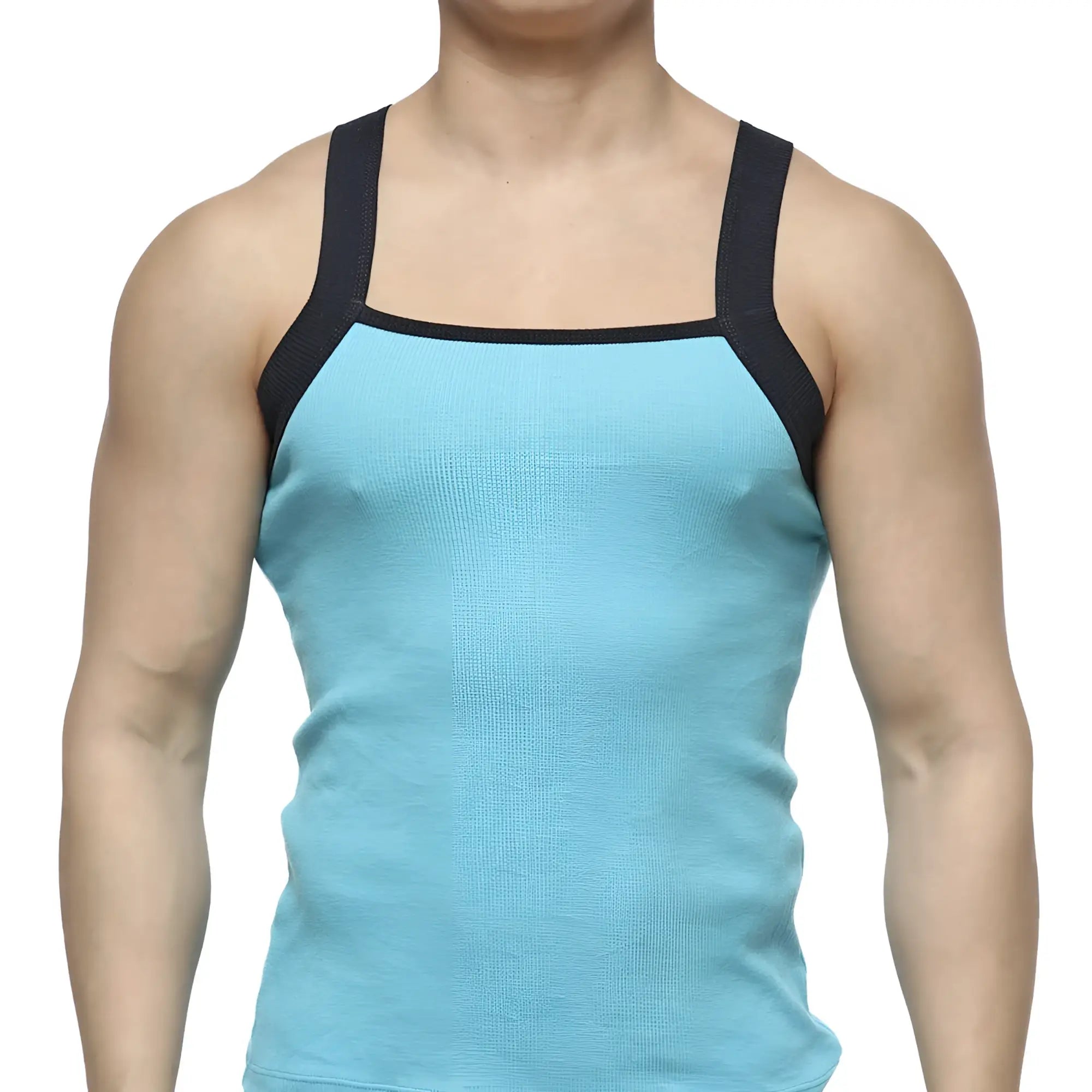 Light blue ribbed square cut tank top with black shoulder straps by MetroMaleWear in turquoise 3125-08 design