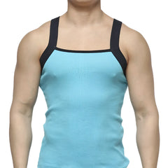 Light blue ribbed square cut tank top with black shoulder straps by MetroMaleWear in turquoise 3125-08 design