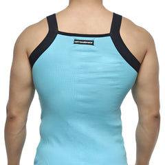 Back view of metroMalewear turquoise square cut tank top with light blue ribbed fabric and black mesh straps