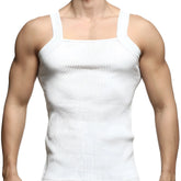 White ribbed cotton tank top with square neckline and wide shoulder straps from MetroMaleWear