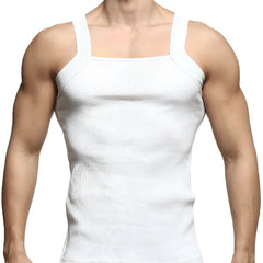 White ribbed cotton tank top with square neckline and wide shoulder straps from MetroMaleWear