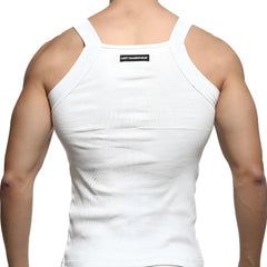 White ribbed square cut tank top with thin shoulder straps and black metromalewear label on the back