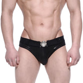 Metromalewear stars black swim brief in patent leather with a silver circular buckle for stylish swimwear use