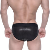 MetroMaleWear stars swim brief black shiny mesh with ribbed texture and elastic waistband for comfortable fit