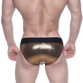 MetroMaleWear STARS swim brief gold shiny metallic gold fabric with black elastic waistband for men