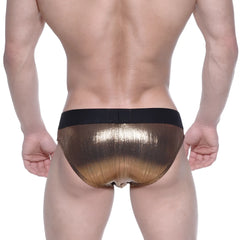 MetroMaleWear STARS swim brief gold shiny metallic gold fabric with black elastic waistband for men