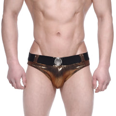 MetroMalewear stars shiny gold metallic swim briefs with black elastic waistband and silver ornate buckle