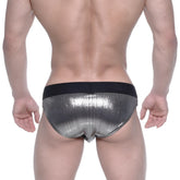 Metallic silver shiny swim briefs with black elastic waistband by metromalewear stars model 4946-33