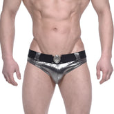 MetroMaleWear stars swim brief silver shiny metallic with black elastic waistband and ornate circular buckle