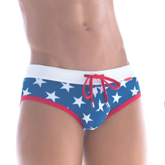 Metro male wear stella swim brief 4916-92 blue swim trunks with white stars red trim and matching red drawstring