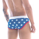 MetroMaleWear Stella swim brief 4916-92 blue swim trunks with white stars and red trim for men’s swimwear