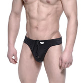 Black mens swim trunks with drawstring waistband and small brand tag metroMalewear street swim thong 4992-20