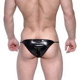Black shiny patent leather thong with thin side ties metroMalewear string bikini metal black 2005-30 front view