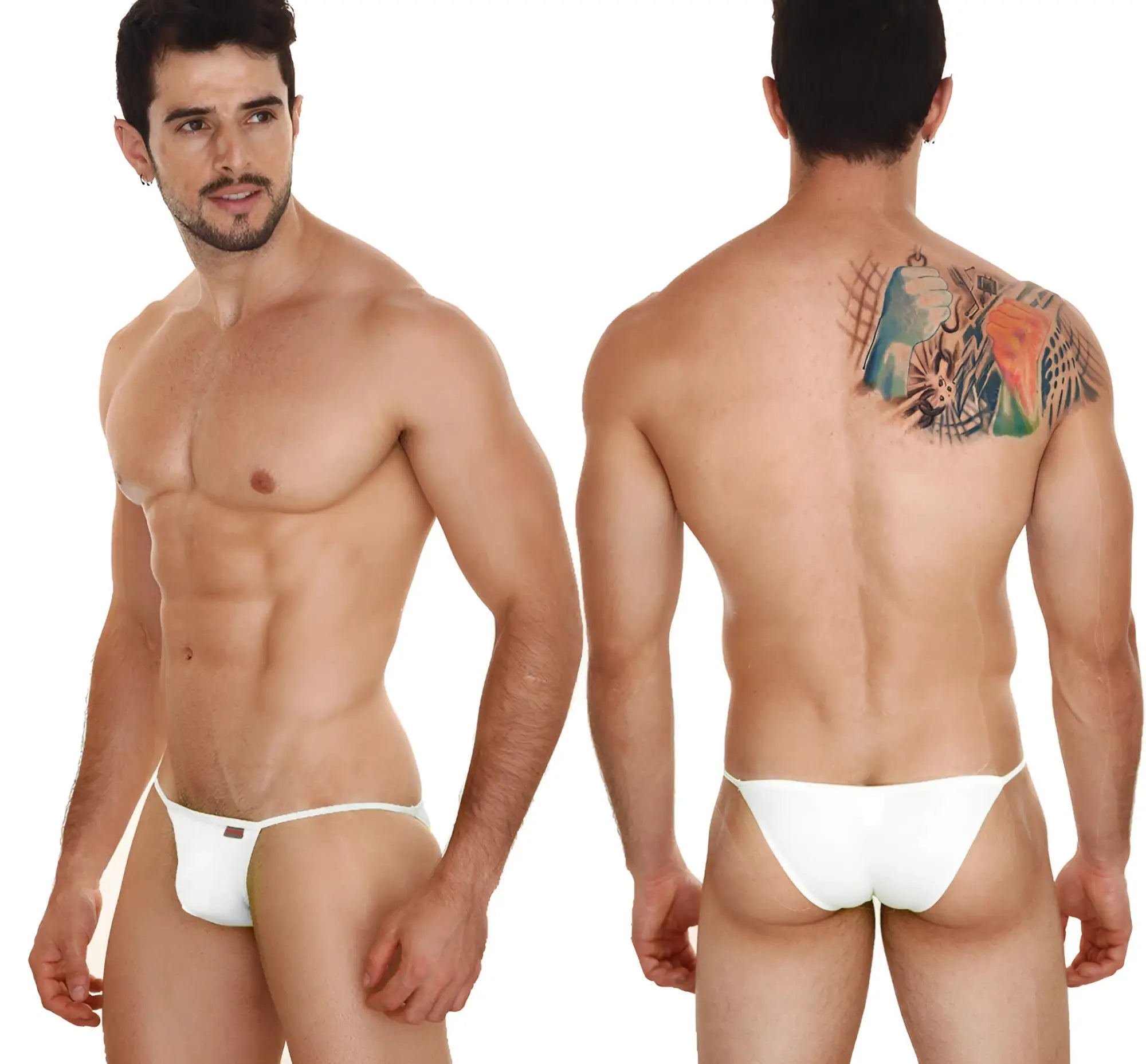White thong briefs metro male wear string bikini 2005 00 with small black logo on left hipband front view